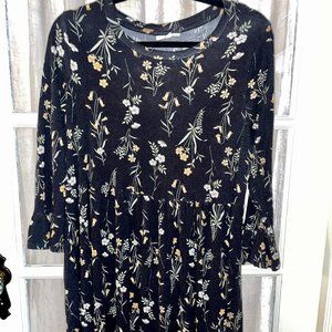 Black Floral Ruffle 3/4 Sleeve Dress